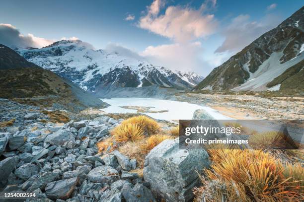 new zealand scenic mountain landscape at aoraki mount cook at summer with nature landscape background in south island new zealand - mt cook national park stockfoto's en -beelden