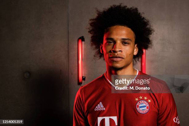 Newly signed FC Bayern Muenchen player Leroy Sane poses for a picture at Saebener Strasse training ground on July 02, 2020 in Munich, Germany.