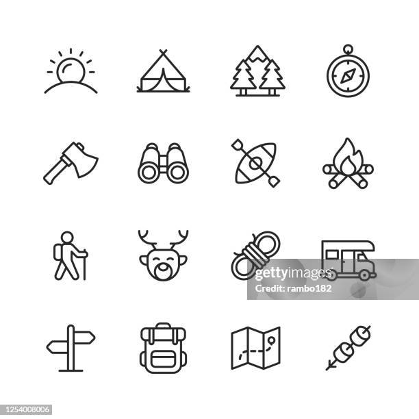 camping line icons. editable stroke. pixel perfect. for mobile and web. contains such icons as sun, summer, tent, forest, compass, axe, binoculars, kayak, campfire, trekking, climbing, hunting, knot, camper, trip, vacation, backpack, map, marshmallow. - binoculars icon stock illustrations