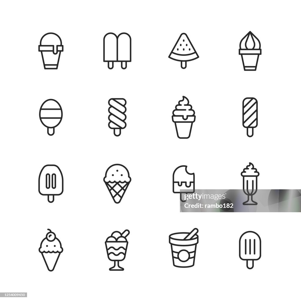 Ice Cream Line Icons. Editable Stroke. Pixel Perfect. For Mobile and Web. Contains such icons as Ice Cream, Cone, Frozen Food, Summer, Vanilla Ice Cream, Chocolate, Cup, Snack, Dessert, Fruit, Dairy Product, Sweet Food, Milk, Waffle, Watermelon, Sorbet.