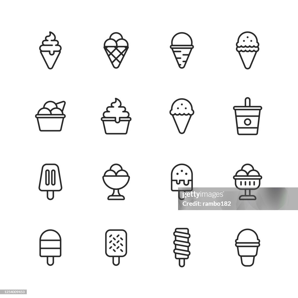 Eis Linie Icons. Bearbeitbarer Strich. Pixel perfekt. Für Mobile und Web. Enthält symboleische Symbole wie Eis, Kegel, Tiefkühlkost, Sommer, Vanilleeis, Schokolade, Tasse, Snack, Dessert, Obst, Milchprodukte, Süßes Essen, Milch, Waffeln, Wassermelone,