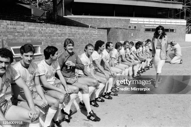 Oxford United show off their brand new strip with a photocall at The Manor Ground, Oxford, 6th July 1984. 22-year-old Ghislaine Maxwell, a director...