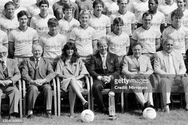 Oxford United show off their brand new strip with a photocall at The Manor Ground, Oxford, 6th July 1984. 22-year-old Ghislaine Maxwell, a director...