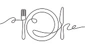 Line fork, knife and plate. Continuous one line drawing cutlery, cooking utensils restaurant logo menu linear style art vector concept.