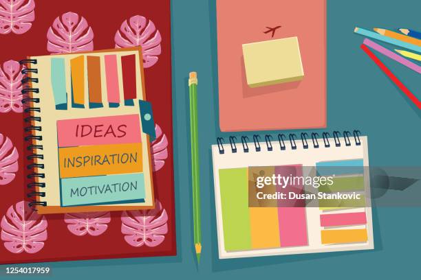 top view office desk with notes - study room background stock illustrations