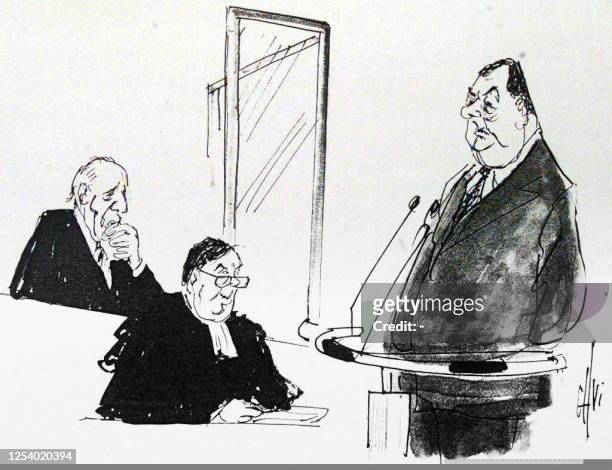 Croquis d'audience de l'ancien ministre, Olivier Guichard , témoignant À la barre de la cour d'assises du palais de justice de Bordeaux, du 17...