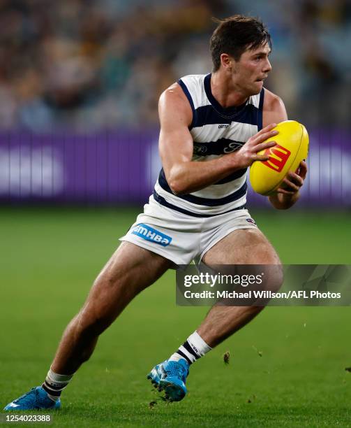 Oliver Henry of the Cats in action during the 2023 AFL Round 09 match between the Richmond Tigers and the Geelong Cats at the Melbourne Cricket...