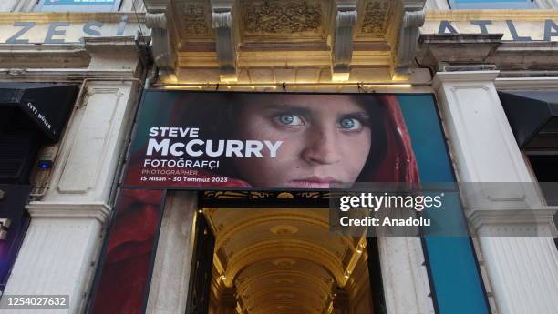 View of the 'Afghan Girl: Sharbat Gula', banner at the Istanbul Cinema Museum in Istanbul, Turkiye on May 11, 2023. Photographer Steve McCurry, who...