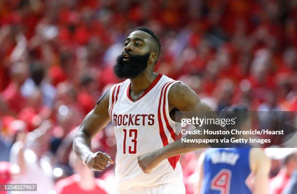 Houston Rockets guard James Harden reacts during the third quarter of Game 7 of the NBA Western Conference semifinals at the Toyota Center Sunday,...