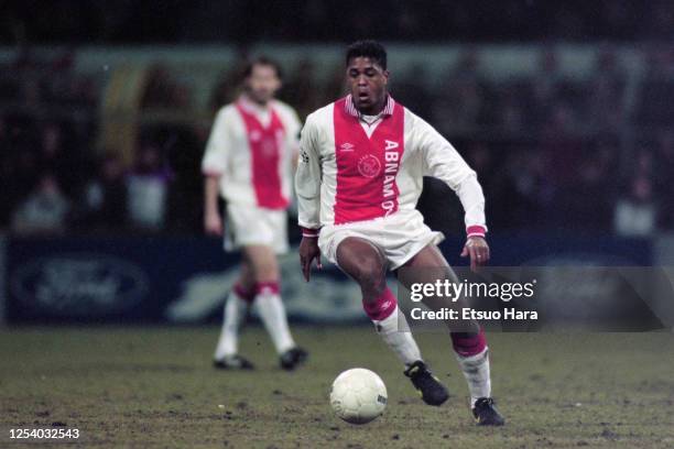 Patrick Kluivert of Ajax in action during the UEFA Champions League quarter final first leg match between Borussia Dortmund and Ajax at the...