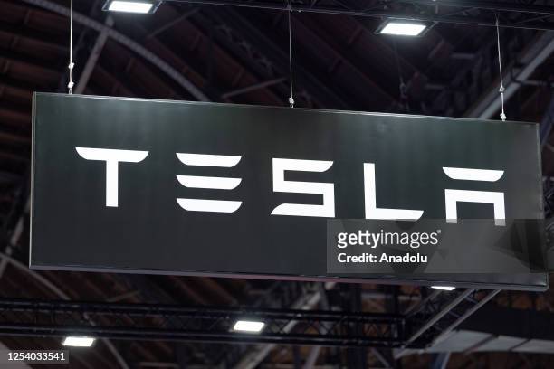 Car Tesla logo is seen at the Automobile Barcelona International Motor Show in Barcelona, Spain on May 12, 2023.
