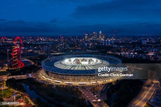 The London Stadium remains empty following the Premier League match between West Ham United and Chelsea FC at London Stadium on July 01, 2020 in...