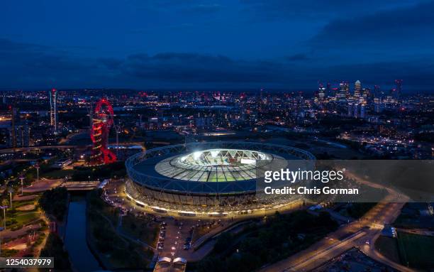 The London Stadium remains empty following the Premier League match between West Ham United and Chelsea FC at London Stadium on July 01, 2020 in...