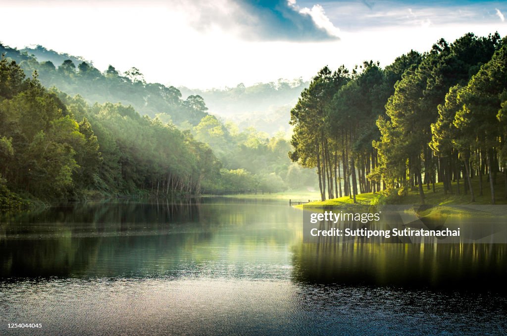 Beatiful nature lake and forest , Pang oung lake and pine forest in Mae Hong Son , Thailand , nature landscape of Thailand . Pang oung is popular travel destination in Thailand