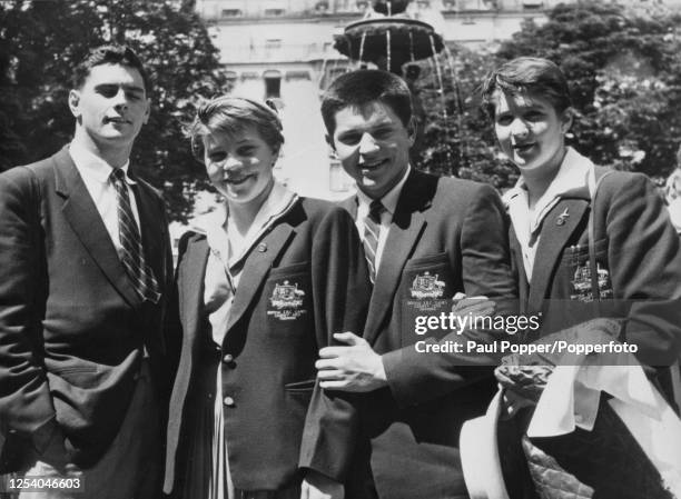 Australian swimmer John Devitt, Australian swimmer Ilsa Konrads, Australian swimmer John Konrads, Australian swimmer Dawn Fraser, each wearing...