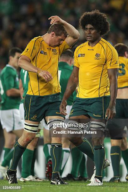 Dan Vickerman and Radike Samo of the Wallabies look dejected during the IRB 2011 Rugby World Cup Pool C match between Australia and Ireland at Eden...