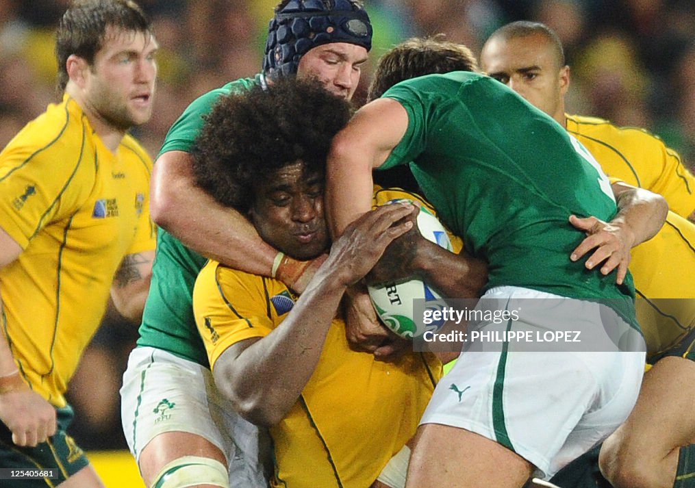Sam Rjike Rugby Australia's No8 Radike Samo is tackled during the 2011 Rugby World ...