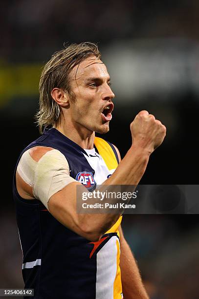 Mark Nicoski of the Eagles celebrates a goal during the AFL First Semi Final match between the West Coast Eagles and the Carlton Blues at Patersons...