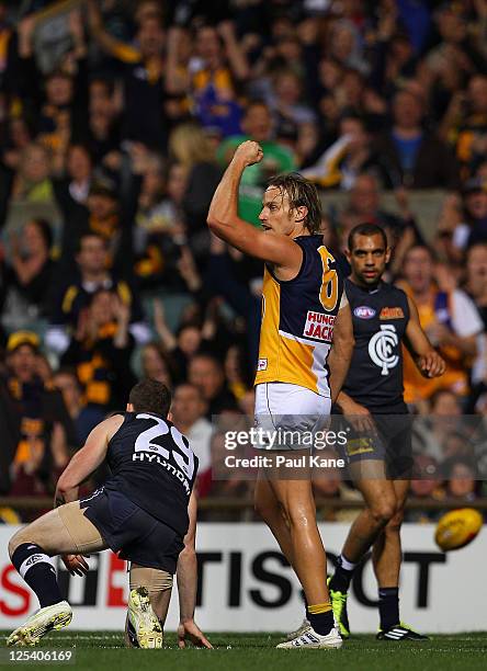 Mark Nicoski of the Eagles celebrates a goal during the AFL First Semi Final match between the West Coast Eagles and the Carlton Blues at Patersons...