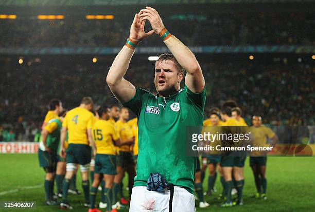 Jamie Heaslip of Ireland celebrates victory after the IRB 2011 Rugby World Cup Pool C match between Australia and Ireland at Eden Park on September...