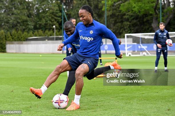 Kalidou Koulibaly and Raheem Sterling of Chelsea during a training session at Chelsea Training Ground on May 12, 2023 in Cobham, England.