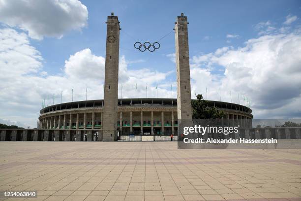 General view of the main entrance Olympia Tor of the Olympiastadion ahead of the DFB Cup Final 2020 match between Bayer 04 Leverkusen and FC Bayern...