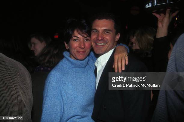 Portrait of British socialite Ghislaine Maxwell and American hotelier Andre Balazs as they attend a Screening Room event, New York, New York,...