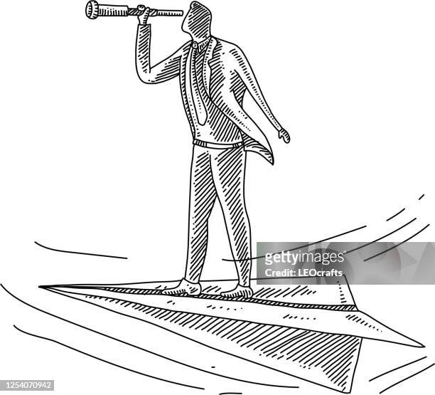 business man searching with paper plane drawing - opportunity stock illustrations