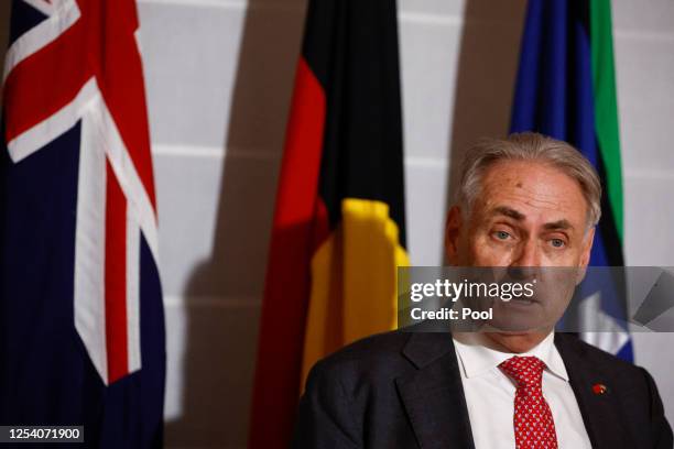 Australia's Trade Minister Don Farrell attends a press conference following a meeting with Chinese Commerce Minister Wang Wentao, May 12, 2023 in...