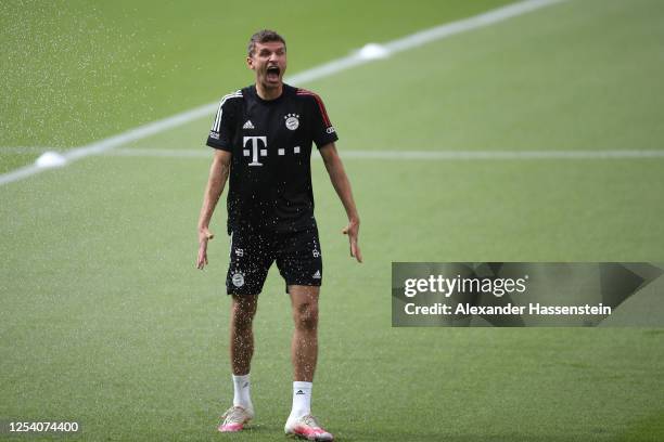 Thomas Mueller of Bayern Muenchen reacts during a FC Bayern Muenchen training session ahead of DFB Cup 2020 final match against Bayer 04 Leverkusen...