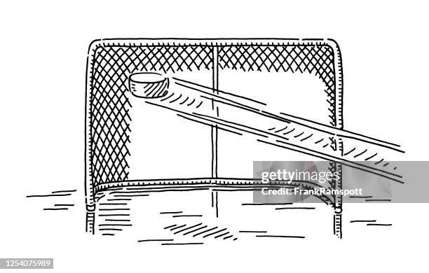 eishockey-schuss auf torzeichnung - puck stock-grafiken, -clipart, -cartoons und -symbole