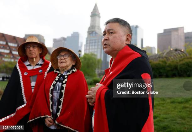 Clarence Innis, the hereditary Chief of the Killer Whale Clan, whose traditional name is Txa gyetk Gisbuwada, speaks to members of the GitxaaÅ First...