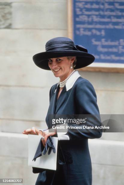 Diana, Princess of Wales attends the wedding of Lady Sarah Armstrong-Jones and Daniel Chatto at St Stephen Walbrook, in the City of London, 14th July...