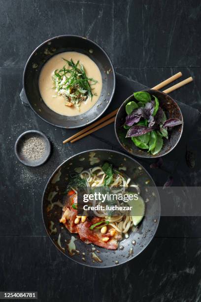 suppe mit krabbe und authentische pho beef nudelsuppe. vietnamesische traditionelle küche - pho soup stock-fotos und bilder