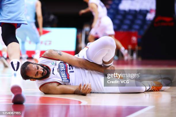 Hamed Haddadi of Nanjing Monkey Kings lies on the ground during 2019/2020 Chinese Basketball Association League match between Nanjing Monkey Kings...