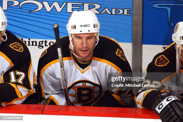 Mike Knuble# 26 of the Boston Bruins looks on during a NHL hockey game against the Washington Capitals at MCI Center on December 11, 2003 in...