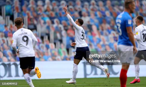 Marcus Browne of Oxford United celebrates after he 1scores his teams first goal during the Sky Bet League One Play Off Semi-final 1st Leg match...