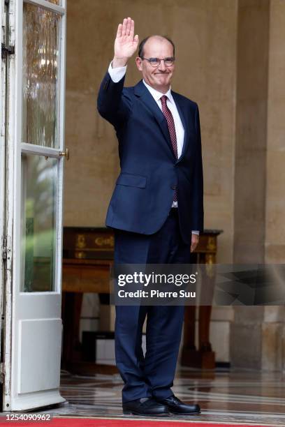 Newly appointed Prime Minister Jean Castex is seen during the transfer of power ceremony with departing Prime Minister Edouard Pilippe at Hotel de...