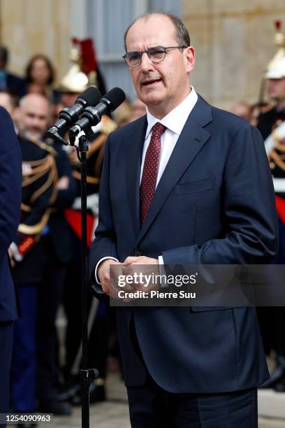 Newly appointed Prime Minister Jean Castex is seen during the transfer of power ceremony with departing Prime Minister Edouard Pilippe at Hotel de...