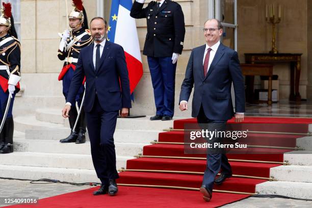 Newly appointed Prime Minister Jean Castex is seen during the transfer of power ceremony with departing Prime Minister Edouard Philippe at Hotel de...