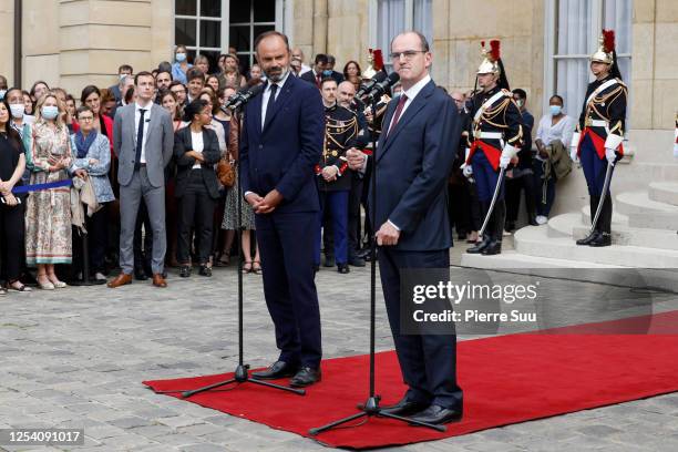 Newly appointed Prime Minister Jean Castex is seen during the transfer of power ceremony with departing Prime Minister Edouard Philippe at Hotel de...