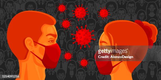 man and woman face to face wearing masks. coronavirus 2019-ncov virus. - saliva bodily fluid stock illustrations