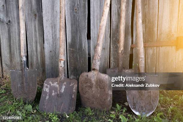 old rusty dirty shovels in the ground are leaning against the dilapidated wooden fence of the farm. - spade stock pictures, royalty-free photos & images