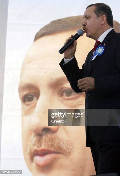 Turkish Prime Minister Recep Tayyip Erdogan gives a speech to Diyarbakir 's people during his visit to the southeastern city, 12 August 2005. Erdogan...