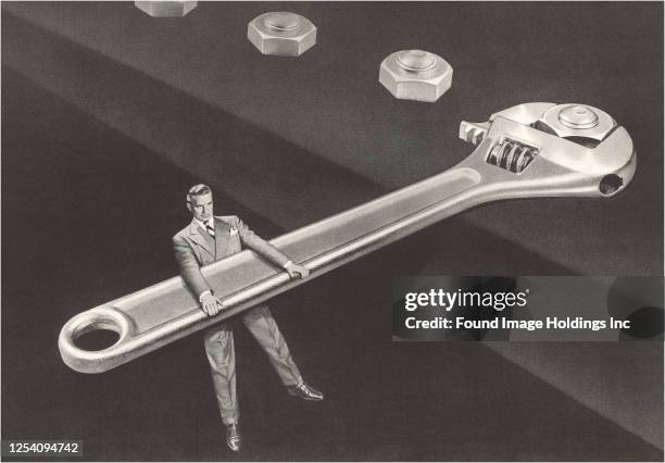 Conceptual illustration featuring a man in a suit tightening a giant nut with an over sized spanner.