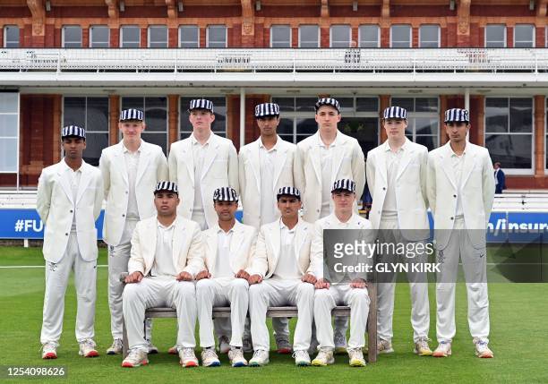 Harrow pose for a team photograph ahead of the Eton v Harrow cricket match at Lord's Cricket Ground in London on May 12, 2023. The Lord's 'hush', the...