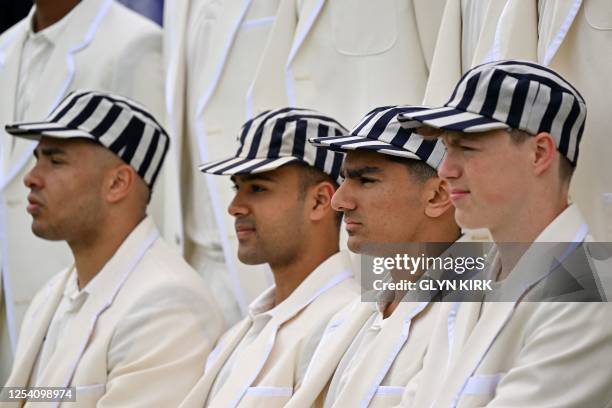 Harrow pose for a team photograph ahead of the Eton v Harrow cricket match at Lord's Cricket Ground in London on May 12, 2023. The Lord's 'hush', the...