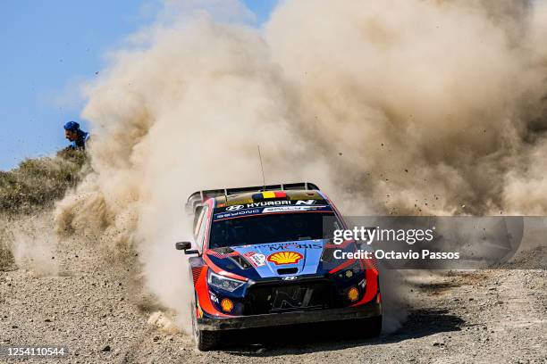 Thierry Neuville of Belgium and Martijn Wydaeghe of Belgium compete in their HYUNDAI i20 N Rally1 HYBRID during Day Two of the SS2 Gois of the FIA...