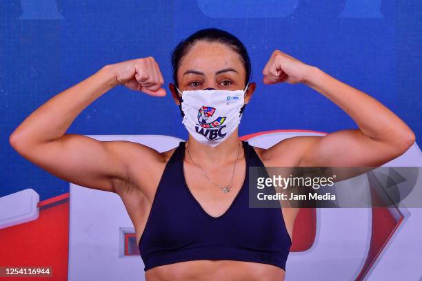 Jackie Nava poses during the weigh-in ceremony ahead of an unofficial fight At TV Azteca on July 3, 2020 in Mexico City, Mexico. TV Azteca will host...