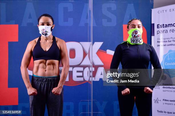 Jackie Nava poses with Estrella Valverde during the weigh-in ceremony ahead of an unofficial fight At TV Azteca on July 3, 2020 in Mexico City,...